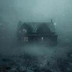 A house sits in a foggy forest